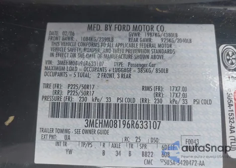 2006 Mercury Milan V6 Premier из США, поврежденный, VIN 3MEHM08196R633107